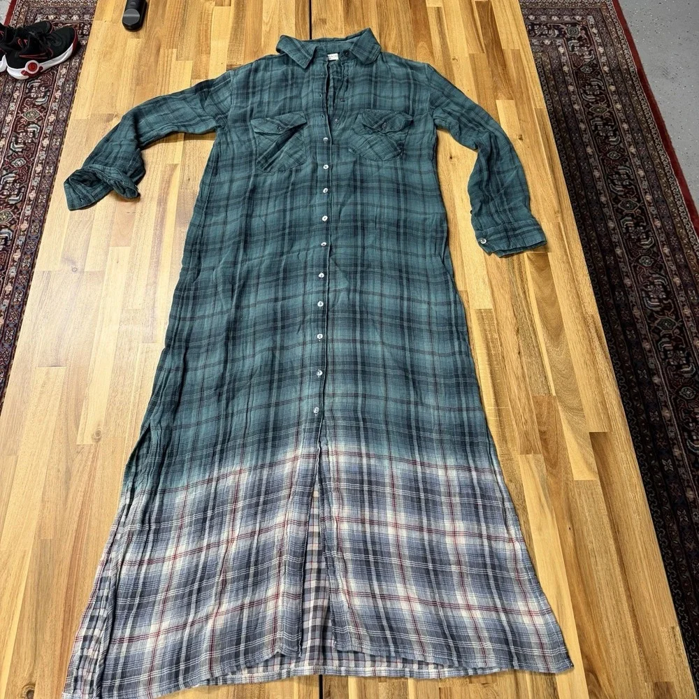 NATURAL LIFE Size XS Brook Maxi Shirt Dress Green Plaid Cotton Gauze